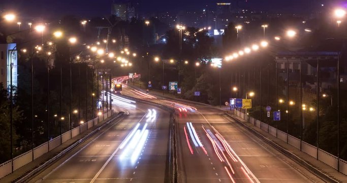 Night timelapse of traffic in Warsaw
