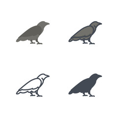 Raven bird halloween vector icon flat silhouette colored line