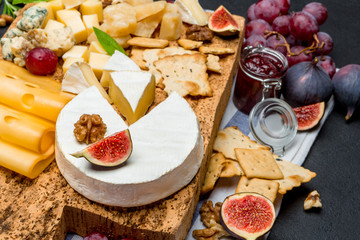 various types of cheese - brie, camembert, roquefort and cheddar on wooden board