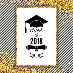 Class of 2018 greeting card with hat, scroll and laurel on stripe background for invitation, banner, poster, postcard. Vector graduate template. All isolated and layered