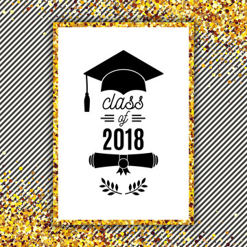 Class of 2018 greeting card with hat, scroll and laurel on stripe background for invitation, banner, poster, postcard. Vector graduate template. All isolated and layered