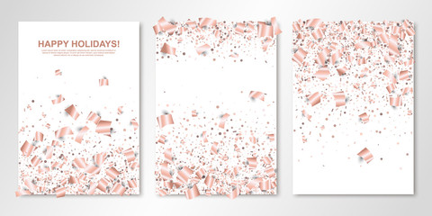 Banners set with falling rose gold paper confetti on white. Vector flyer design templates for wedding, invitation cards, save the date, business brochure design, certificates. All isolated and layered