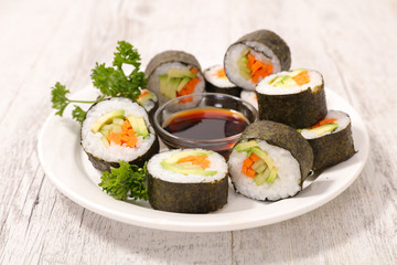 sushi and soy sauce