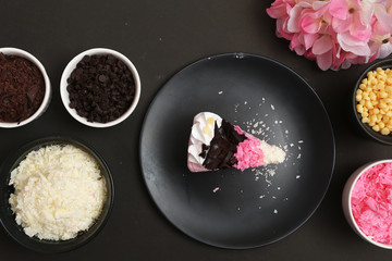 Obraz na płótnie Canvas Strawberry milk cake on black background
