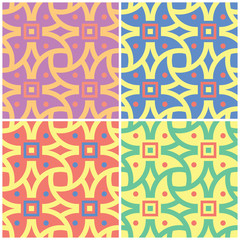 Colored floral seamless backgrounds. Set of bright patterns with geometric elements