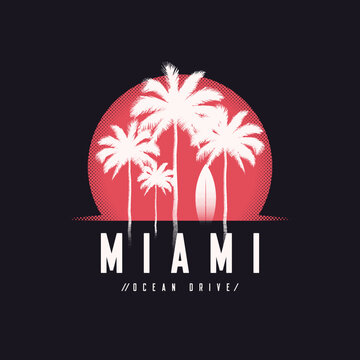 Miami Ocean Drive tee print with palm trees, t shirt design, typography, poster.