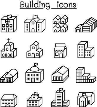 Basic building in 3 dimension icon set thin line style