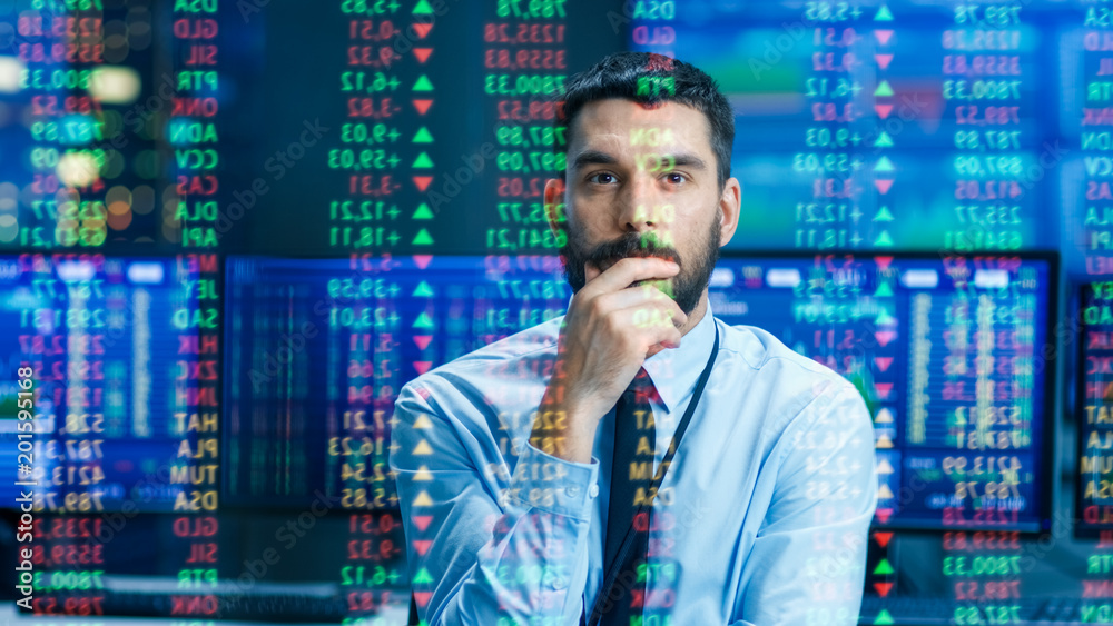Poster Stock Market Top Trader Looks at Projected Ticker Numbers and Graphs Running, Analysing Data to Make Best Sell. Behind Him Room Full of Screens and Statistics.