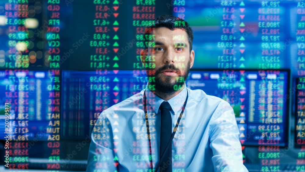 Aufkleber Stock Market Top Trader Looks at Projected Ticker Numbers and Graphs Running, Analysing Data to Make Best Sell. Behind Him Room Full of Screens and Statistics.