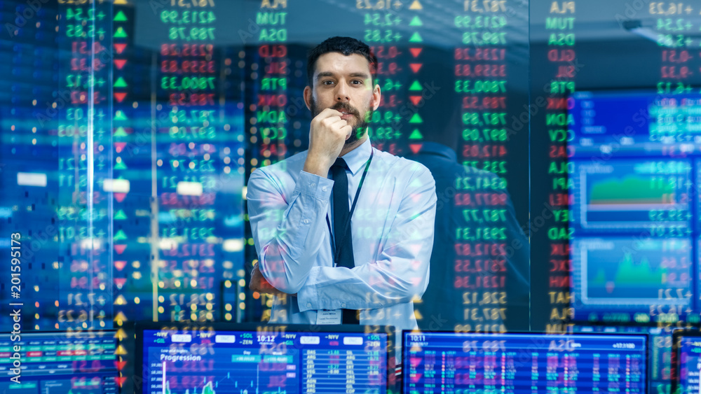 Aufkleber Stock Market Top Trader Looks at Projected Ticker Numbers and Graphs Running, Analysing Data to Make Best Sell. Behind Him Room Full of Screens and Statistics.