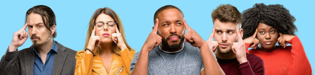 Group of mixed people, women and men doubt expression, confuse and wonder concept, uncertain future