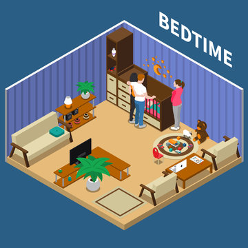 Nanny Child Bedtime Isometric Composition