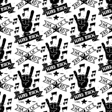 Heavy Rock Music Badge Vector Vintage Label With Punk Skull Seamless Pattern Background Hard Sound Sticker Emblem Illustration