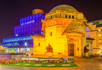 Night view of Hall of Memory and Library of Birmingham, England