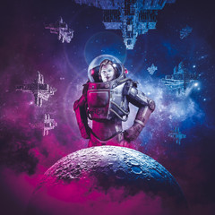 Intergalactic female space hero / 3D illustration of science fiction scene showing heroic woman astronaut rising above moon with fleet of spaceships in the background © grandeduc