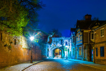 Night view of the Prince rupert gateway leading to the leicester castle and saint mary de casto...