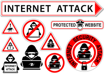 Internet Attack Signs or Icons - Set of 10 illustrations, Vector