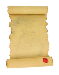 Old vintage paper scroll with red wax seal isolated on a white background