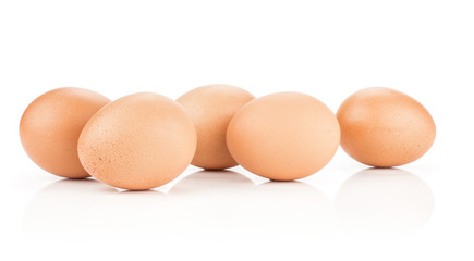 Brown chicken eggs stack isolated on white background set of five domestic.