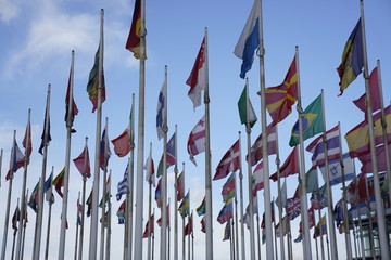 National flags of different countries waving in the wind