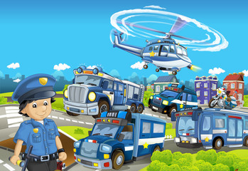 Obraz na płótnie Canvas Cartoon stage with different machines for police duty and policeman - colorful and cheerful scene - illustration for children