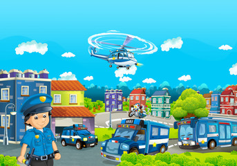 Cartoon stage with different machines for police duty and policeman - colorful and cheerful scene - illustration for children