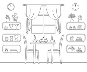 Vector linear interior cafe. Outline dining room. Design of a room with furniture and details.
