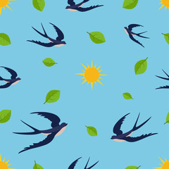 Seamless pattern with swallow on blue sky, green leaves and sun