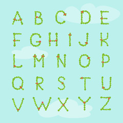 Decorative alphabet on blue sky background. Letters consist of l