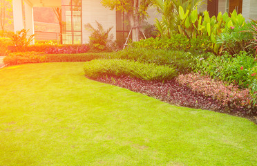 Obraz premium Modern house with beautiful landscaped front yard, Lawn and garden, Green lawn, The front lawn for background, Garden landscape design