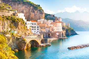 Amalfi cityscape on coast line of mediterranean sea, Italy