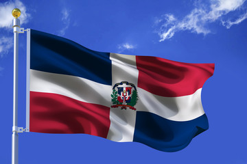 The silk waving flag of Dominican Republic with a flagpole on a blue sky background with clouds .3D illustration..