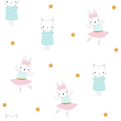 Seamless pattern with cute little bunny and kitten. Vector hand drawn illustration. © bilaaa
