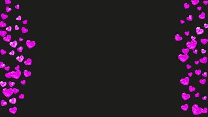 Heart confetti background with pink glitter. Valentines day. Vector frame. Hand drawn texture. Love theme for party invite, retail offer and ad. Wedding and bridal template with heart confetti.