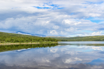 Water reflection in a lake in the Helags mountains in Sweden