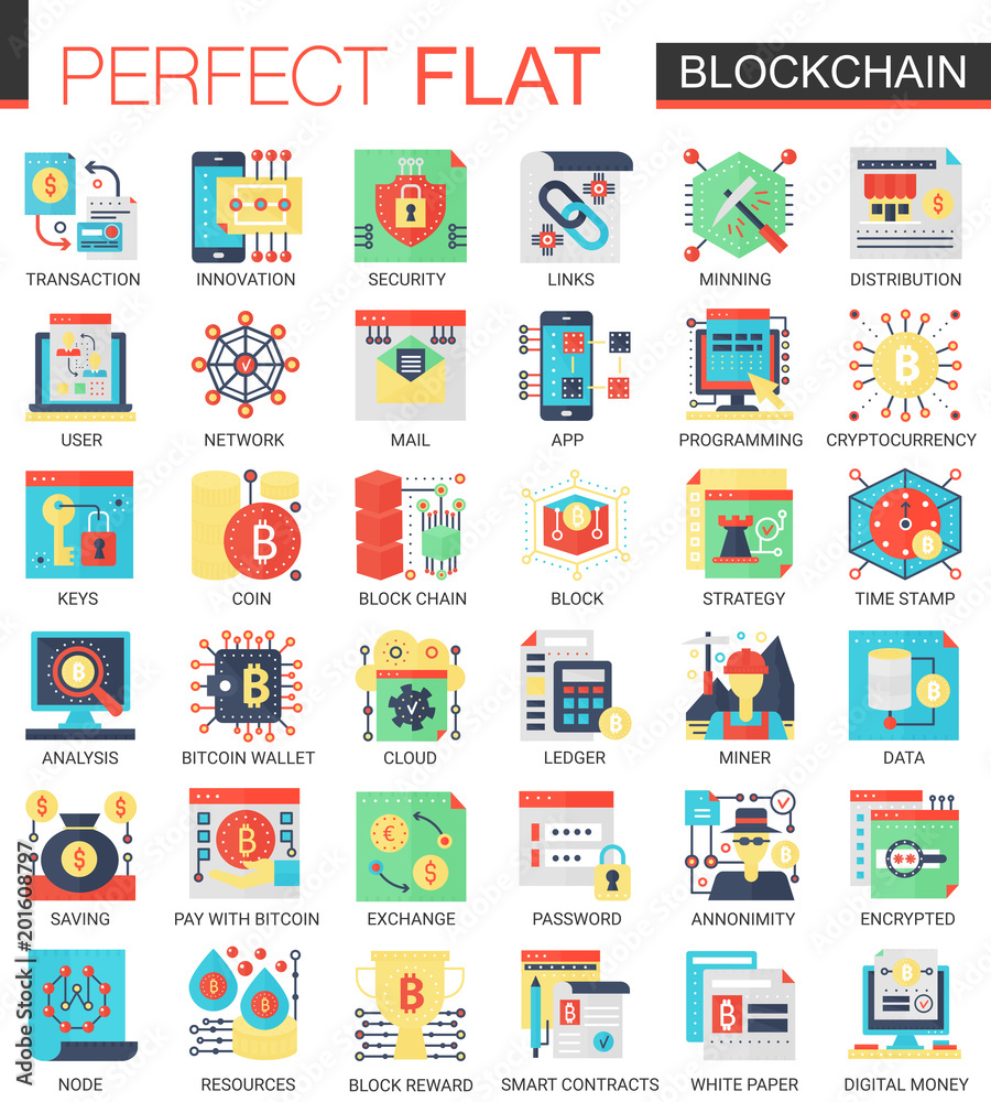 Aufkleber Vector Blockchain technology vector complex flat icon concept symbols for web infographic design.