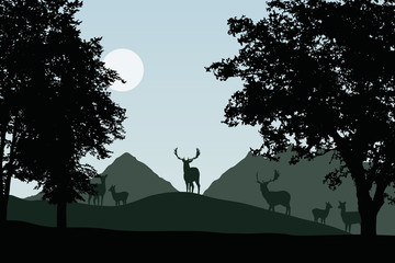 Herd of fallow deer standing under deciduous trees, vector, with sky with sun and space for your text