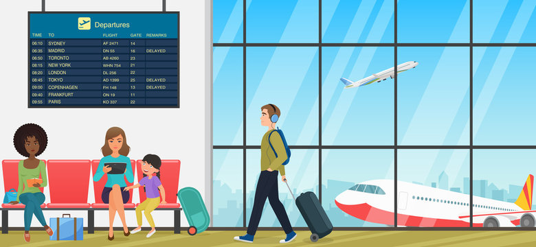 Airport passenger terminal with waiting room with chairs and people travellers. International arrival and departures interior flat vector illustration.