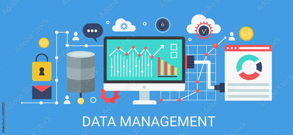 Aufkleber Flat modern vector concept Data management banner with icons and text.