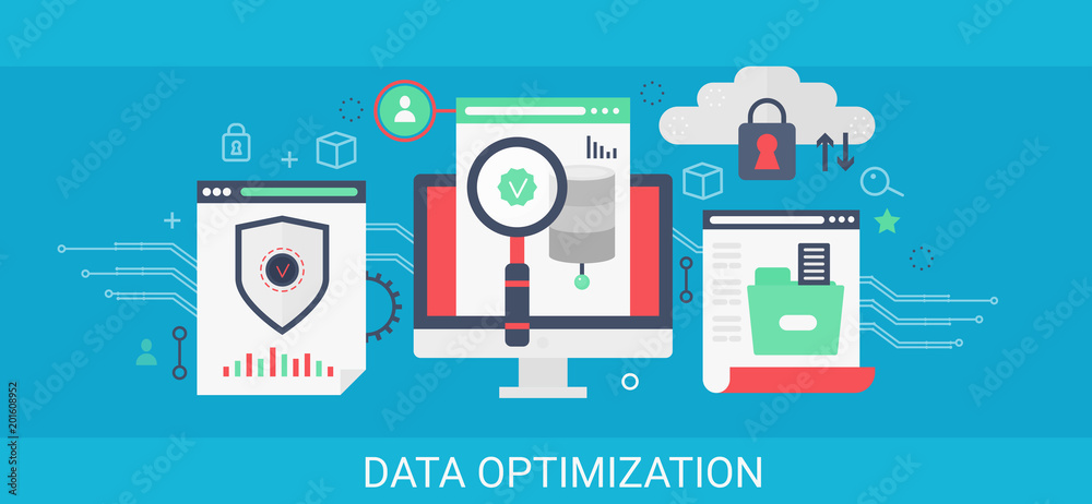 Aufkleber Flat modern vector concept Data optimization banner with icons and text.