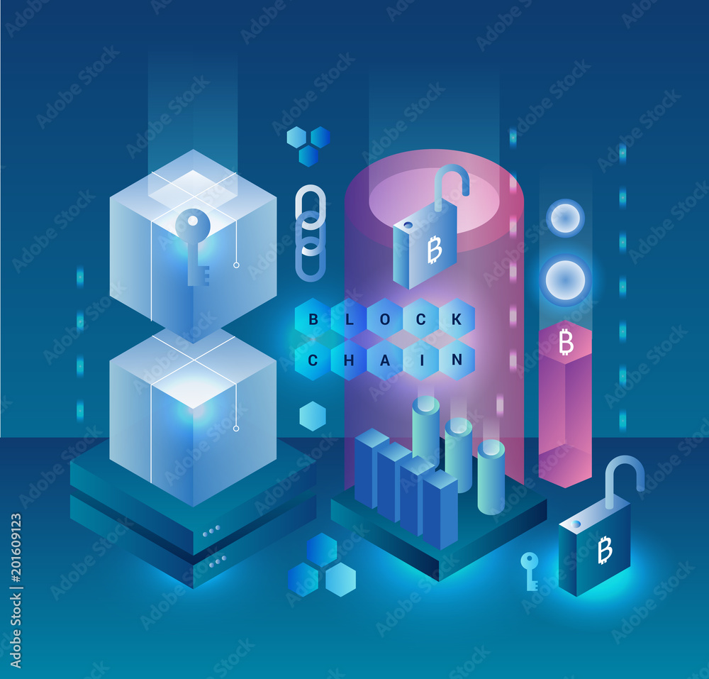 Poster Abstract cryptocurrency and Blockchain vector concept. Mining farm. Bitcoin, ethereum and monero. Digital money crypto market. Web design, presentation banner.