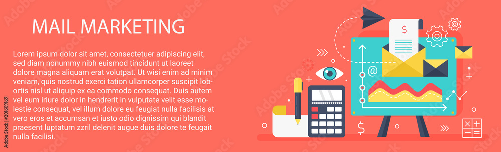 Poster flat modern vector concept mail marketing banner with icons and text.