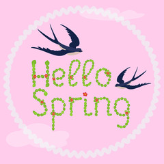 52_Hello Spring! Letters, decorated with leaves and flowers, on pink background. Frame and swallows