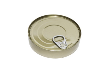 Tin can with seafood on a white background 