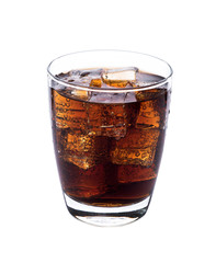 Cola in glass with ice cubes on white background