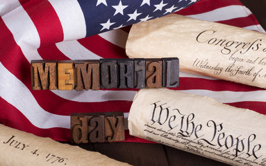 Memorial Day banner with historical usa documents and the American flag