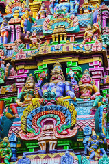 Colorful idols on the Gopuram, Sarangapani Temple, Kumbakonam, Tamil Nadu, India.
