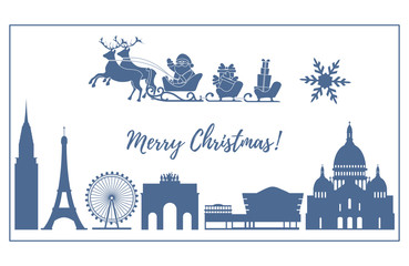 Santa Claus in sleigh flying over buildings.