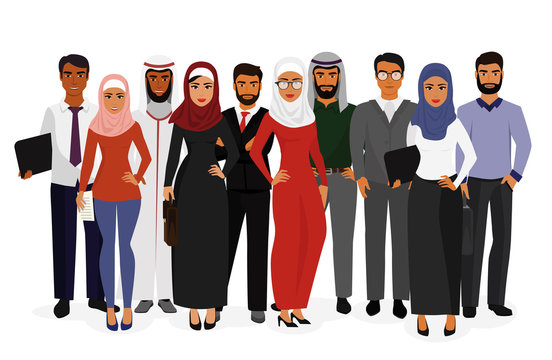 Vector illustration of groupe arab man and woman business people standing together in traditional islamic clothes on white background in flat style. Arabic characters businessmen and businesswomen.