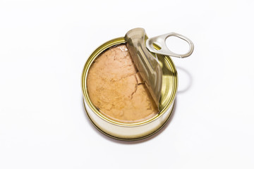 Open can with canned seafood close-up on a white background